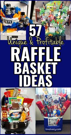 several different baskets with the words unique and proffiable raffle basket ideas