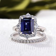 Emerald Cut Wedding Ring, Bridal Set Rings, Sapphire Wedding Ring Set, Blue Sapphire Wedding Ring, Wedding Rings Emerald Cut, Engagement And Wedding Ring, Blue Emerald, Sapphire Wedding Rings, Oval Cut Engagement Ring