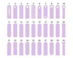 the numbers and shapes of different nail polishes are shown in purples, pinks, and whites