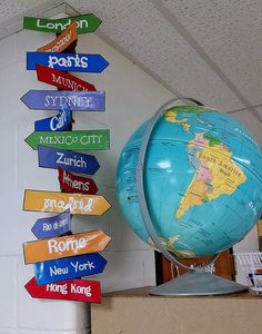 a globe sitting on top of a cardboard box next to a sign that says cities