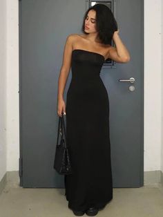 45939064635614|45939064668382|45939064701150 Fitted Black Maxi Dress For Club, Elegant Black Maxi Dress For Club, Black Bodycon Evening Dress For Summer, Black Maxi Length Fitted Bodycon Dress, Sleek Black Fitted Strapless Dress, Black Bodycon Dress For Summer Evening, Fitted Black Backless Maxi Dress, Strapless Solid Maxi Dress For Date Night, Solid Strapless Maxi Dress For Date Night