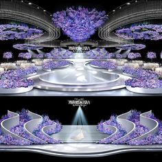 the stage is decorated with purple flowers and chandeliers