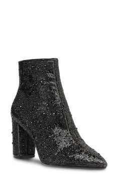 Betsey Johnson Cady Crystal Pavé Bootie (Women) | Nordstrom Blue By Betsey Johnson, Dress Booties, Betsey Johnson Shoes, Black Block Heels, Dressy Fashion, Block Heel Ankle Boots, Glitz And Glam, Black Rhinestone, Black Booties