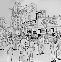 a drawing of people standing in the street