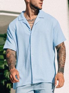 Blue Casual Collar Short Sleeve Woven Fabric Plain,Striped Shirt Embellished Slight Stretch  Men Plus Size Clothing Men Plus Size, Men Summer, Elegant Dresses Long, Contrast Collar, Blue Outfit, Mens Plus Size, True Blue, Color Contrast, Plus Size Shirts