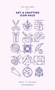 the art and crafting icon pack is shown in this graphic style, it includes various items