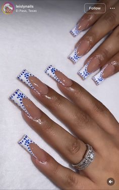 Cute Nails Acrylic Blue And White, Royal Blue With White Nails, Nail Inspo Mexico, Don Julio Nails, Dominican Republic Nail Designs, Blue Nails Vacation, Blue And White Design Nails, Greek Acrylic Nails, White French Tips With Blue Design