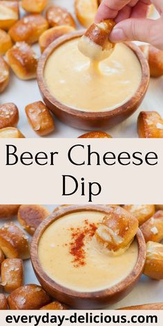 beer cheese dip in a wooden bowl with pretzels on the side and text overlay