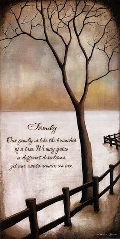 a painting of a tree and fence with the words family on it, in front of a lake