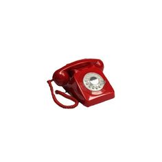 an old fashioned red telephone is shown on a white background with the cord still attached