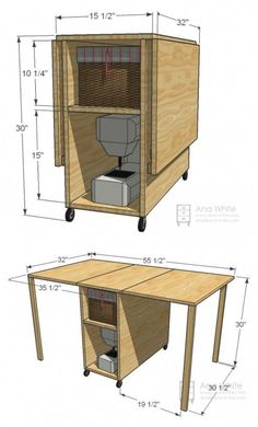 the plans for an office desk with storage compartment and shelf on wheels, are shown