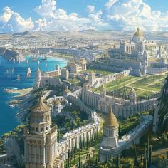 an artist's rendering of a city by the ocean