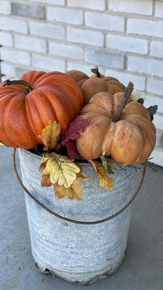 pumpkins and gourds are sitting in a bucket