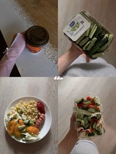 four pictures showing different stages of food being put into containers and placed on the floor