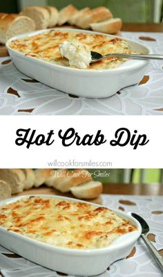 two pictures showing how to make an appetizer dip with cheese and bread on the side