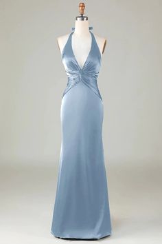 Zapakasa Women Mermaid Halter Dusty Blue Long Satin Bridesmaid Dress V Neck Satin Prom Dress, Mermaid Halter Prom Dress, Long Dusty Blue Dress, Halter Mermaid Prom Dress, Pale Blue Long Dress, Halter Top Silk Dress, Courtwarming Dresses Long, Colorful Satin Dress, Turquoise Blue Formal Dress