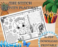 the stitch activity placemat for adults and children to color on with pineapples