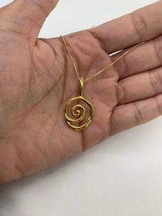 Gold Spiral Necklace design made of Gold Vermeil ☞ thickest 18k Gold Plating on top of Solid 925 Sterling Silver ☞ made to last.Matching Earrings - please ask meMatching Ring - please ask me Details:• Pendant Height 31.5mm, Width 18mm• Free Complimentary Chain• 18k Gold Vermeil 14k Gold Spiral Jewelry For Anniversary, Gold Spiral Jewelry With Polished Finish, Spiral Yellow Gold Jewelry With Polished Finish, Polished Yellow Gold Spiral Jewelry, Spiral Yellow Gold Jewelry For Anniversary, Elegant Gold Swirl Necklace, Elegant Spiral Jewelry With Unique Design, Handmade Spiral Yellow Gold Jewelry, Unique Spiral Yellow Gold Jewelry