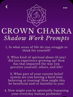 Crown Chakra Shadow Work, Crown Chakra Journal Prompts, Shadow Work Activities, Chakra Shadow Work Prompts, Chakra Prompts, Shadow Work Witchcraft, How To Do Shadow Work, Chakra Journal Prompts