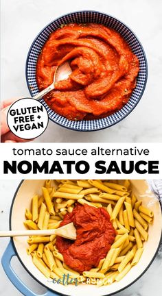 two pictures showing how to make tomato sauce for pasta