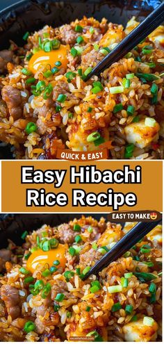 easy hibacchi rice recipe in a bowl with chopsticks