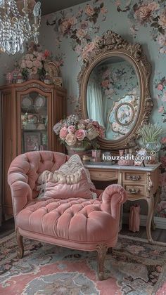 a pink chair sitting in front of a mirror on top of a dresser next to a table