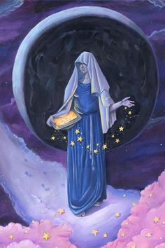 a painting of the virgin mary holding bread in her hand with stars around it and moon above