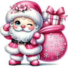 a cartoon santa clause holding a christmas bag with presents on it's back and wearing a pink hat