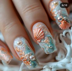 Shell, coral and sea nails 3d AI Nails With Pearls Blue and Orange And Pearls Sea Shell Nail Designs, Seashells Nails Design, Manicure 2020, Mermaid Core Nails, Sea Shell Nails Acrylic, 3d Shell Nails, Kitschy Nails, 3d Seashell Nail Art, Under The Sea Nails