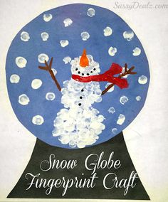 an advertisement for snow globe fingerprint craft featuring a snowman in a snow globe