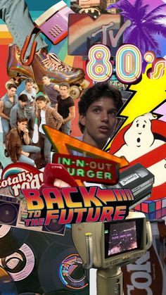 the back to the future 80's collage is featured in this image with various items