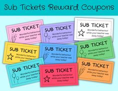 the sub ticket reward coupons are all in different colors and sizes, including one for each