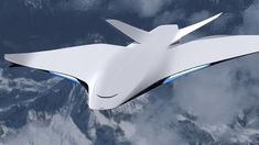 an artist's rendering of a futuristic flying vehicle in the sky with mountains and clouds behind it