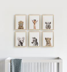 a baby's room with four framed pictures on the wall and a crib