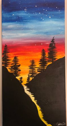 an acrylic painting of trees on a hill at night with the sun going down