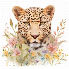 a watercolor painting of a leopard surrounded by flowers