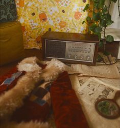 an old radio sitting on top of a table next to a potted plant and other items