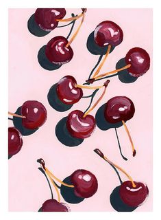 a painting of cherries on a pink background, with the stems still attached to them