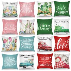 six pillows with different sayings on them and one has an image of a truck