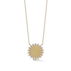 Our Teddi Paige Fluted Sunburst Studs are so mesmerizing that they inspired us to create a necklace! The Teddi Paige Fluted Sunburst Necklace captures the spirit and glamour of the studs in necklace form! Eighteen brilliant, round diamonds surround a 14k fluted gold circle. This necklace glows from across a room while the fluted gold brings stunning contrast and texture. This gold and diamond necklace shines when worn alone while adding the perfect something to your neck stack! 14 Karat Gold 0.1 Neck Stack, Gold And Diamond Necklace, Sunburst Necklace, Dana Rebecca Designs, Radiant Diamond, Gold Circle, G H, Shine Bright, Round Diamonds