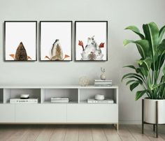 three pictures of animals hanging on the wall next to a plant in a living room