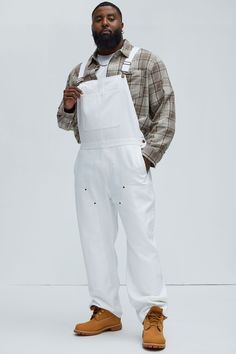 Available In White. Strap Button Detail Side Pockets 100% Cotton Disclaimer: Due To The Specialized Distressing & Wash Process, Each Garment Is Unique. Carpenter Panel Detail Pair With "Alexander Utility Hooded Jacket" Imported | Mens Alexander Utility Canvas Overalls in White size 34 by Fashion Nova Men White Overalls, Overalls Outfit Men, White Overalls Outfit, Canvas Overalls, Overalls Men Fashion, Overall Outfits, White Overalls, Overall Outfit, Overalls Outfit