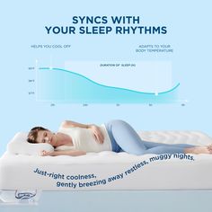 a woman laying on top of a mattress with the words sync with your sleep rhytms