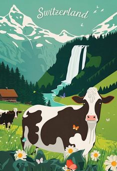 there is a cow that is standing in the grass with mountains and flowers behind it