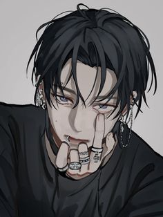 an anime character with black hair and piercings on his nose, wearing ear rings