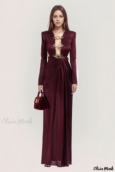 Olivia Mark - Seductive Deep V-neck Hollow Out Back Metallic Embellishment Evening Dress Elegant Burgundy Dress For Night Out, Elegant Long Sleeve Burgundy Evening Dress, Elegant Burgundy Cocktail Evening Dress, Elegant Embellished Burgundy Dresses, Fitted Burgundy V-neck Evening Dress, Glamorous Burgundy Evening Dress, Embellished Cocktail Dress, Womens Short Dress, Round Neck Casual Dress