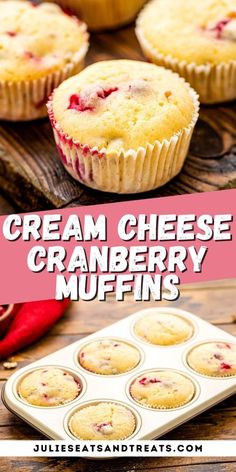 cream cheese cranberry muffins on a tray with the title above it