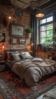 Blend rustic charm with industrial style in these bedroom ideas for men. Use reclaimed wood, exposed brick, and metal fixtures to create a cozy yet edgy space that's perfect for relaxation and inspiration. Rustic Industrial Decor Bedroom, Brick Wall Bedroom Decor, Rustic Industrial Bedroom Ideas, Industrial Bedroom Decor Ideas, Brick Wall Bedroom Ideas, Brick Bedroom Ideas, Berlin Bedroom, Cozy Industrial Bedroom, Industrial Boho Decor