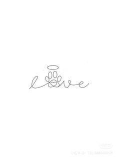 the word love written in cursive handwriting with a dog's paw on it