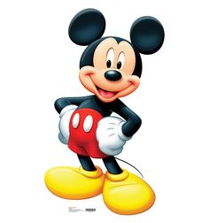 the mickey mouse character is smiling and holding onto a red ball with his hands on it